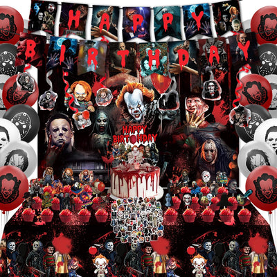 CAILESS Decoraciones de fiesta de terror - Suministros para fiesta de Halloween de 105 piezas que incluyen telón de fondo de pancarta, globos, adornos para pasteles, calcomanías, mantel para fiesta de cumpleaños