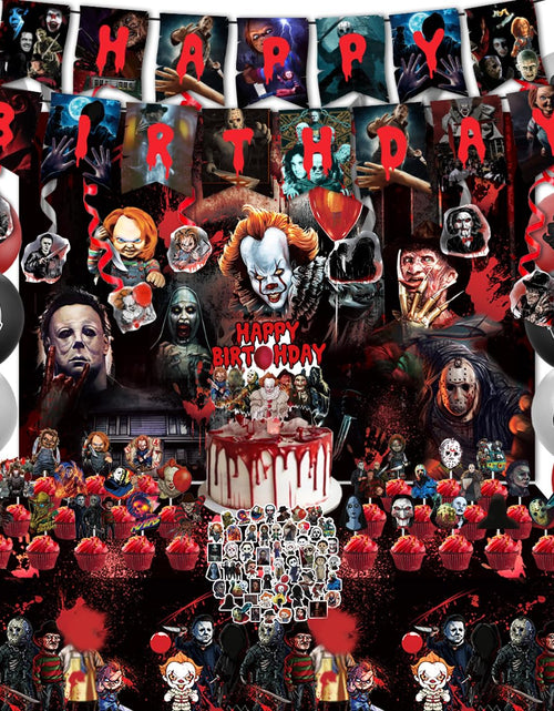 Load image into Gallery viewer, CAILESS Horror Party Decorations - 105Pcs Halloween Party Supplies Include Banner Backdrop Balloons Cake Toppers Sticker Tablecloth for Birthday Party

