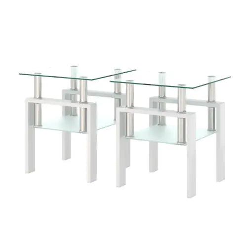 Juego de 2, mesa de té, café y auxiliar de vidrio templado moderno, mesa cuadrada para sala de estar, blanco transparente