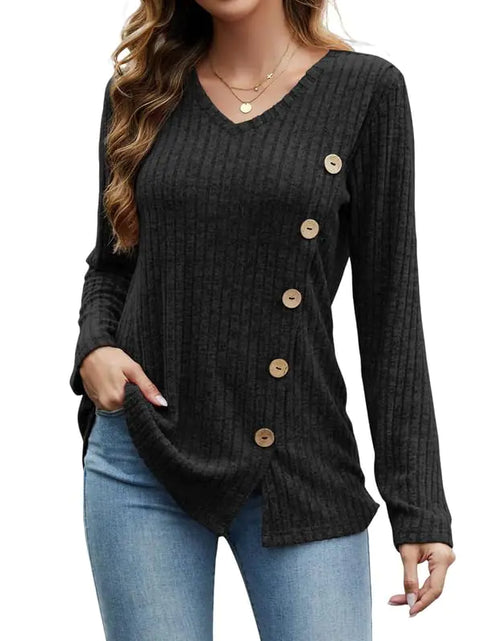 Load image into Gallery viewer, Womens Sweaters Trendy Long Sleeve T-Shirts Loose Diagonal Buckle Blouse Fit Tunic Tops Black
