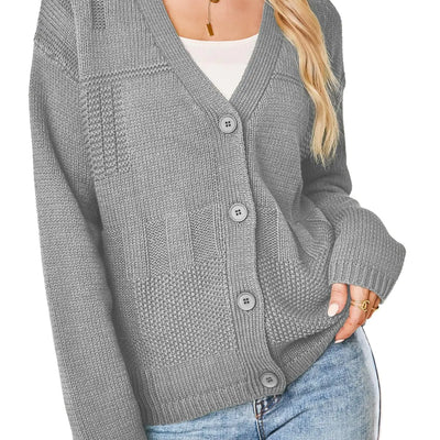 Dokotoo Cárdigans de Punto para Mujer con Botones Manga Larga Cable Knit Suéter Invierno 2024 Cuello en V Abierto Delantero Suéteres Vintage Moda Otoño Básico Sólido Cárdigans Oversized Abrigos Prendas de Abrigo M Gris