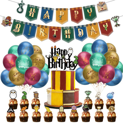 53 décorations d'anniversaire sur le thème de l'Académie de sorcellerie, y compris des bannières "Joyeux anniversaire", des décorations de gâteau, des décorations de cupcakes et des ballons