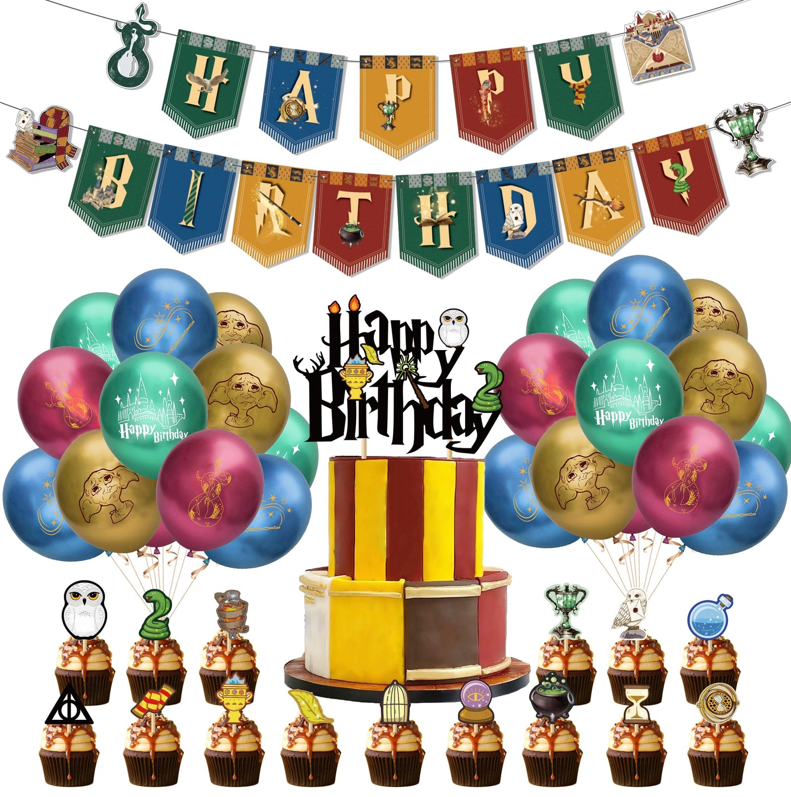 53 decoraciones de cumpleaños con temática de Academia de Magia que incluyen pancartas de feliz cumpleaños, adornos para tartas, adornos para cupcakes y globos
