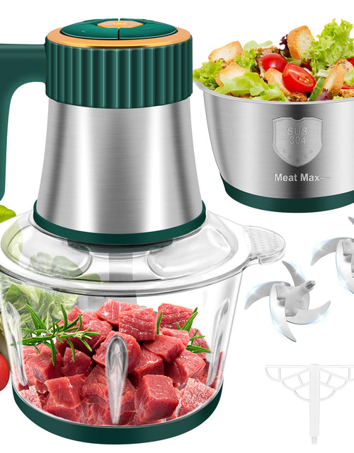 Cargar imagen en el visor de la galería, Food Processor Meat Grinder with 2 Bowls (8 Cup+8 Cup) 5 Speed Modes Electric Food Chopper with 2 Sets Stainless Steel Blades Kitchen Mincer for Meats Vegetables Fruits Baby Food 300W (Green)
