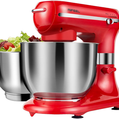 AIFEEL Batidora de pie, batidora eléctrica de alimentos con dos tazones de acero inoxidable de 7.5QT+5.5QT, batidora de cocina eléctrica de cabeza inclinable con gancho para masa, batidor de huevos, batidor plano, protector contra salpicaduras (rojo)