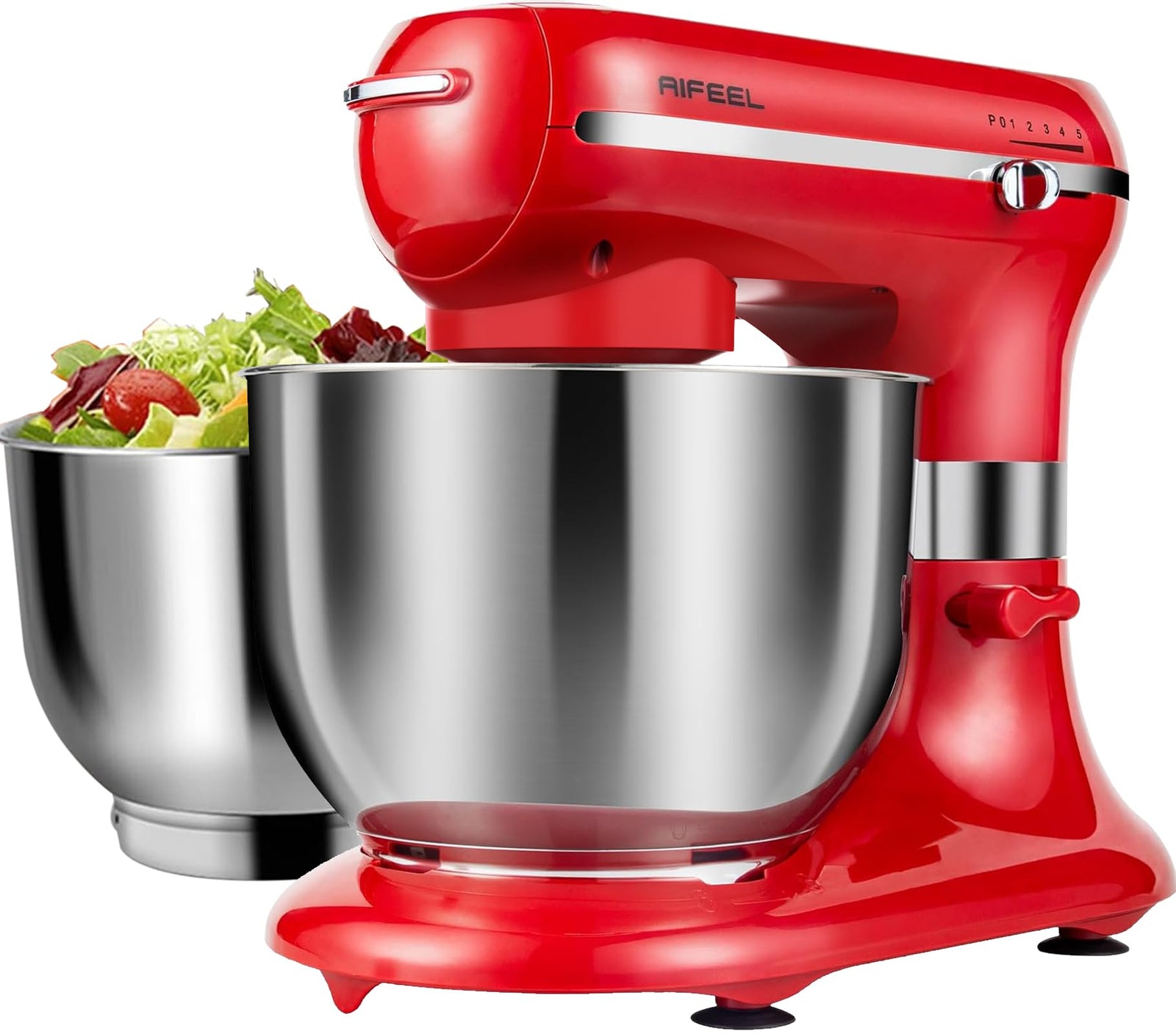 AIFEEL Batidora de pie, batidora eléctrica de alimentos con dos tazones de acero inoxidable de 7.5QT+5.5QT, batidora de cocina eléctrica de cabeza inclinable con gancho para masa, batidor de huevos, batidor plano, protector contra salpicaduras (rojo)