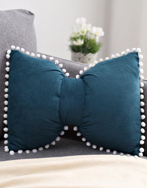 Load image into Gallery viewer, YDBDAT SKXKJ Boho Decorative Throw Pillow Covers with Pom Poms Soft Velvet Pillow Cases Bow Lumbar Pillow Covers 14 x 20 Cushion Case for Bed Couch Living Room Decor Teal Blue
