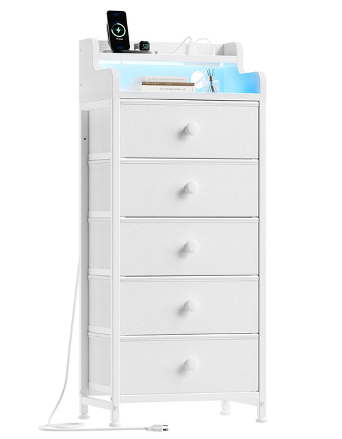 Charger l'image dans la visionneuse de galerie, REAHOME 5 Drawer Dresser for Bedroom with Charging Station and LED Lights White Chest of Drawers with with Shelves Tall Night Stand with Sturdy Steel Frame &amp; Wood Top for Bedroom - Leather White
