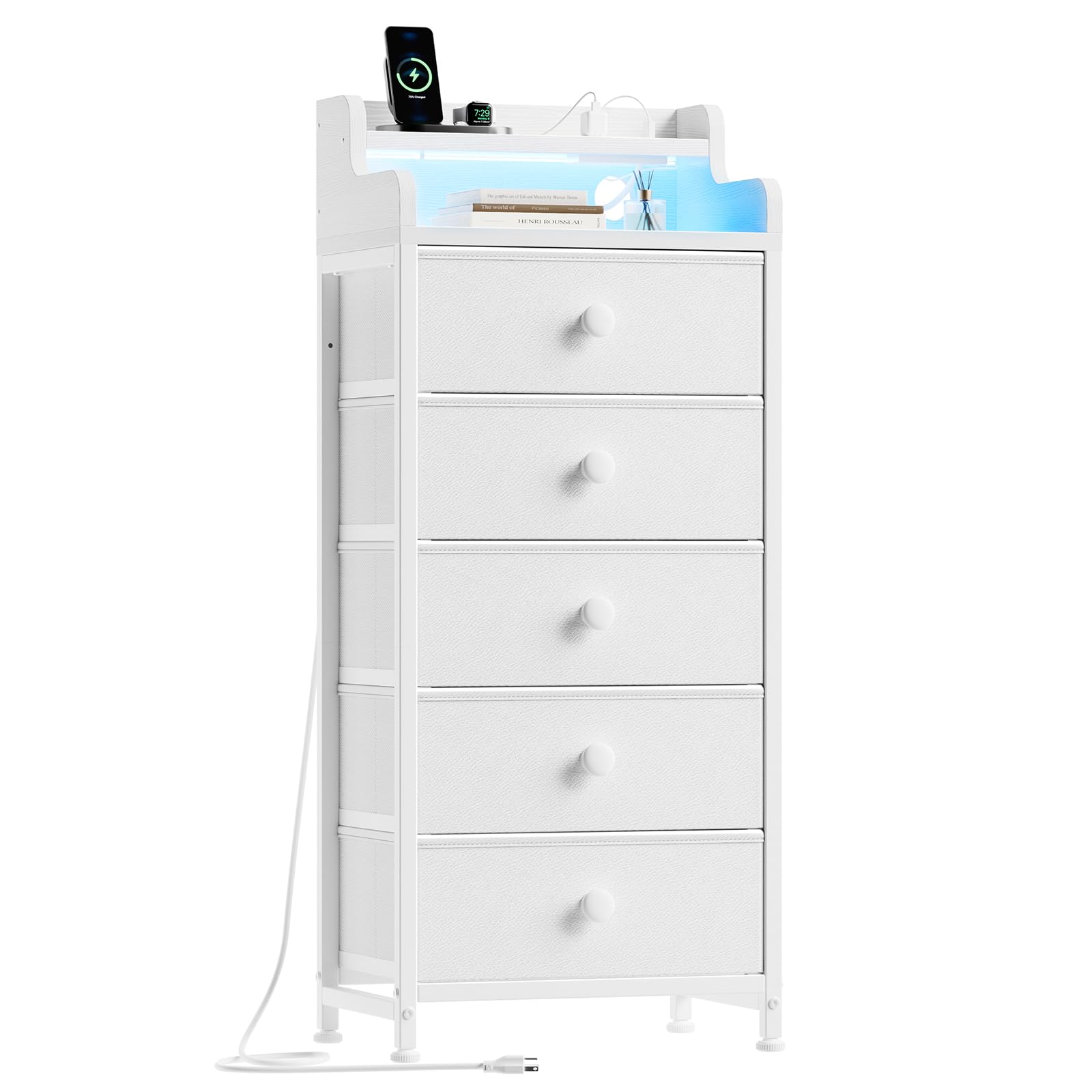 REAHOME 5 Drawer Dresser for Bedroom with Charging Station and LED Lights White Chest of Drawers with with Shelves Tall Night Stand with Sturdy Steel Frame & Wood Top for Bedroom - Leather White