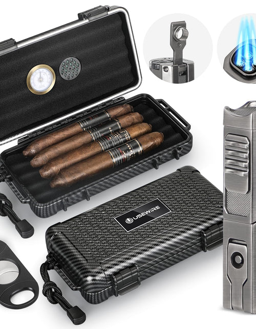 Cargar imagen en el visor de la galería, USEWIRE Cigar Travel Humidor and Cigar Lighter Set Portable Travel Cigar Case with Humidifier Hygrometer Cigar Lighter Cigar Cutter Travel Humidor Holds 4-5 Cigars Cigar Gift Set (Carbon Fiber)
