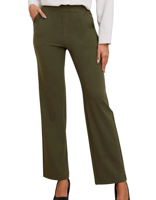 Cargar imagen en el visor de la galería, Pantalones de yoga VIMPEP para mujer, elásticos, de pierna recta, de talle alto, para trabajar, informales, de oficina, con bolsillos, 31, verde militar, M
