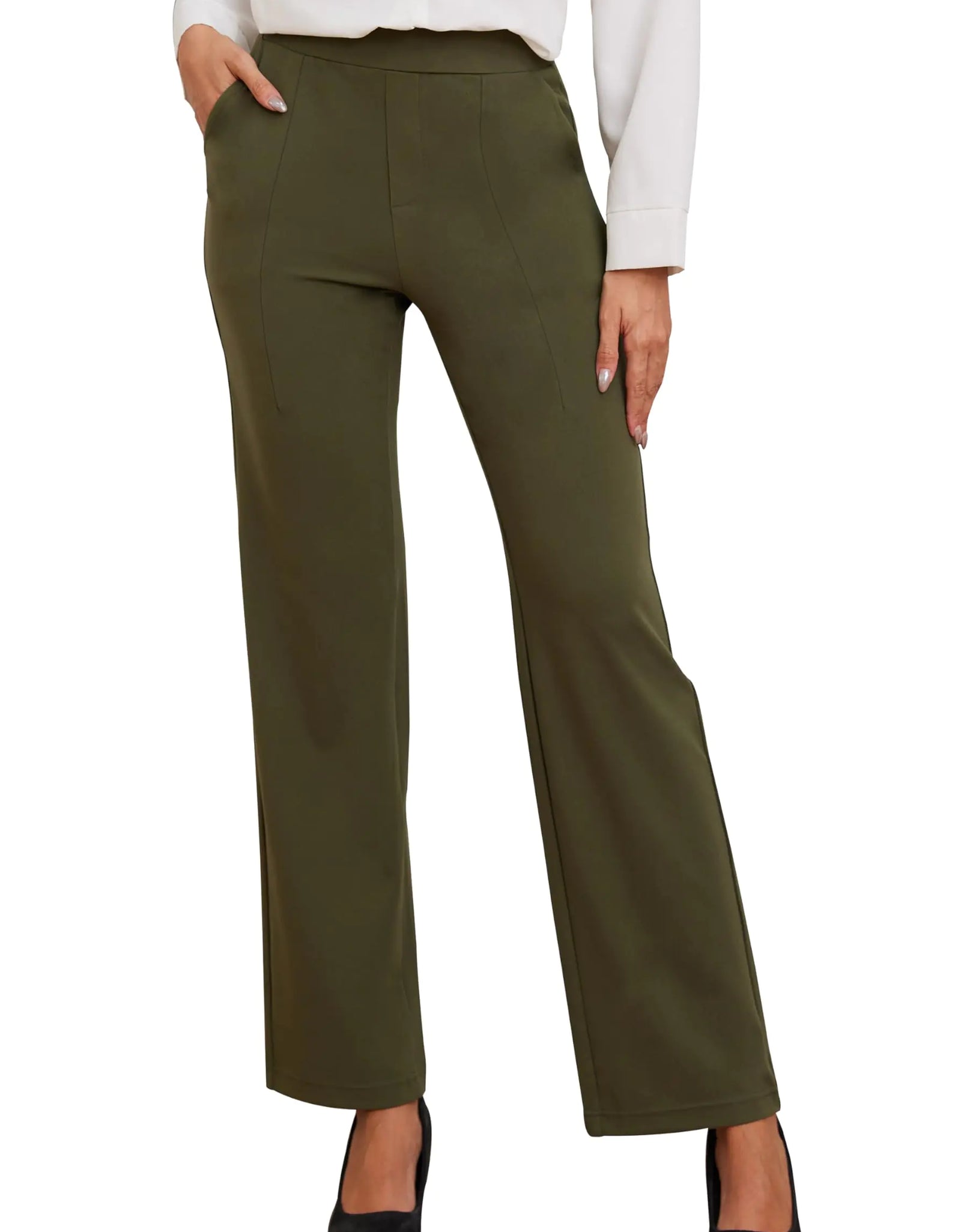 Pantalones de yoga VIMPEP para mujer, elásticos, de pierna recta, de talle alto, para trabajar, informales, de oficina, con bolsillos, 31, verde militar, M