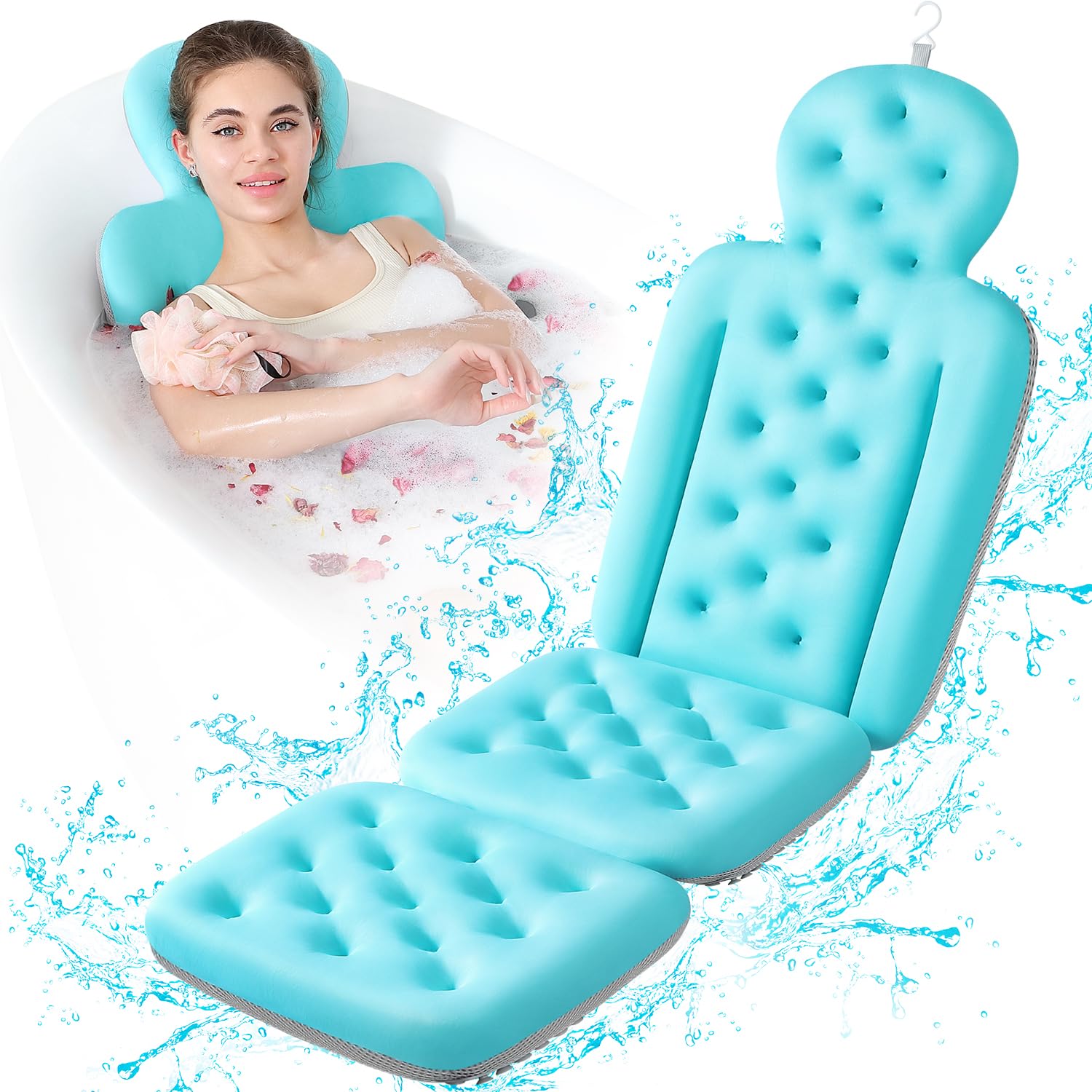 Luxury Bath Cushion Full Body Bathtub Pillow with 160 Suction Cups Bath Mat for Head and Neck Support with Laundry Bag (Blue 51.2" x 16.2")