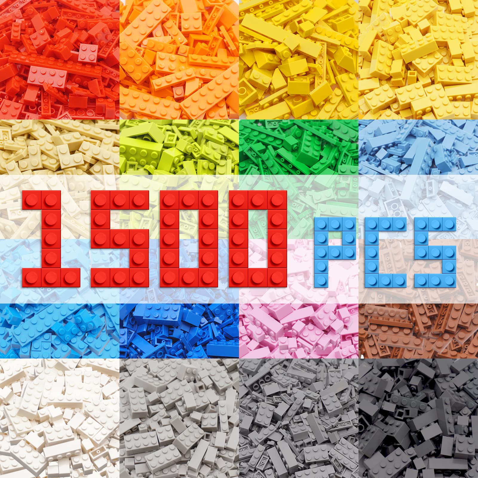 WYSWYG 1500 Piece Building BricksBulk Classic Building Blocks Basic Box Compatible with Major Brands Baseplates 12 Colors 14 Random Bulk Shapes