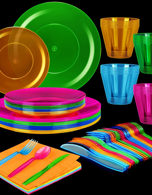 Load image into Gallery viewer, Kochorie 252 PCS Neon Party Supplies-Serves 36 Including Disposable Plastic Neon Party Plates Cups Cutlery Napkins for Neon Assorted Glow Party Blacklight Birthday Halloween Party Favors
