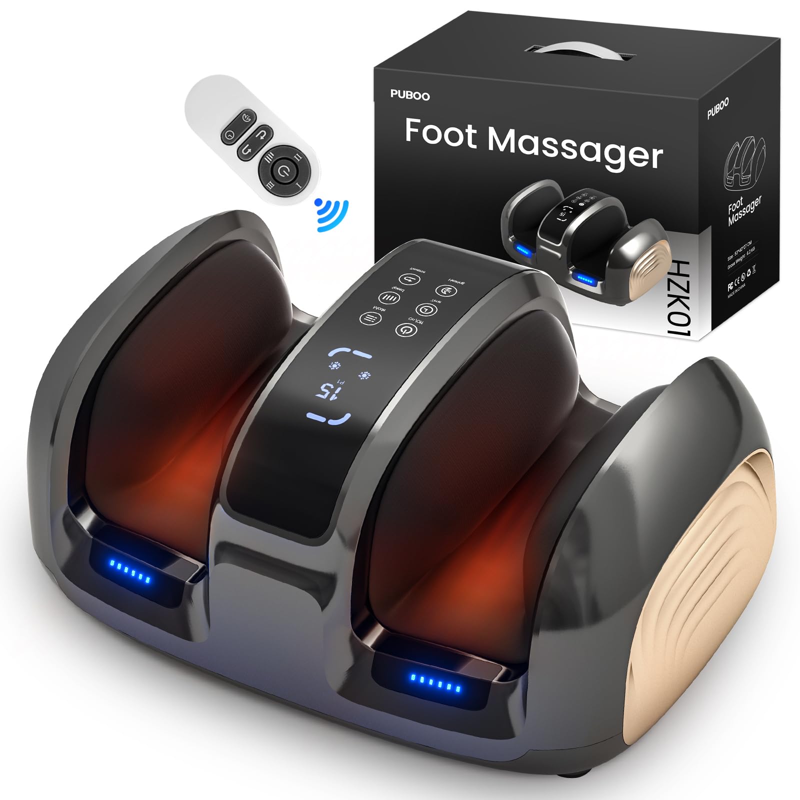 Puboo Shiatsu Foot Massager with Heat for Plantar Fasciitis for Circulation and Pain Relief Wireless Remote Control 3 Speeds 3 Massage Modes with Timer Premium Gift Box Fits Up to a Male US-14