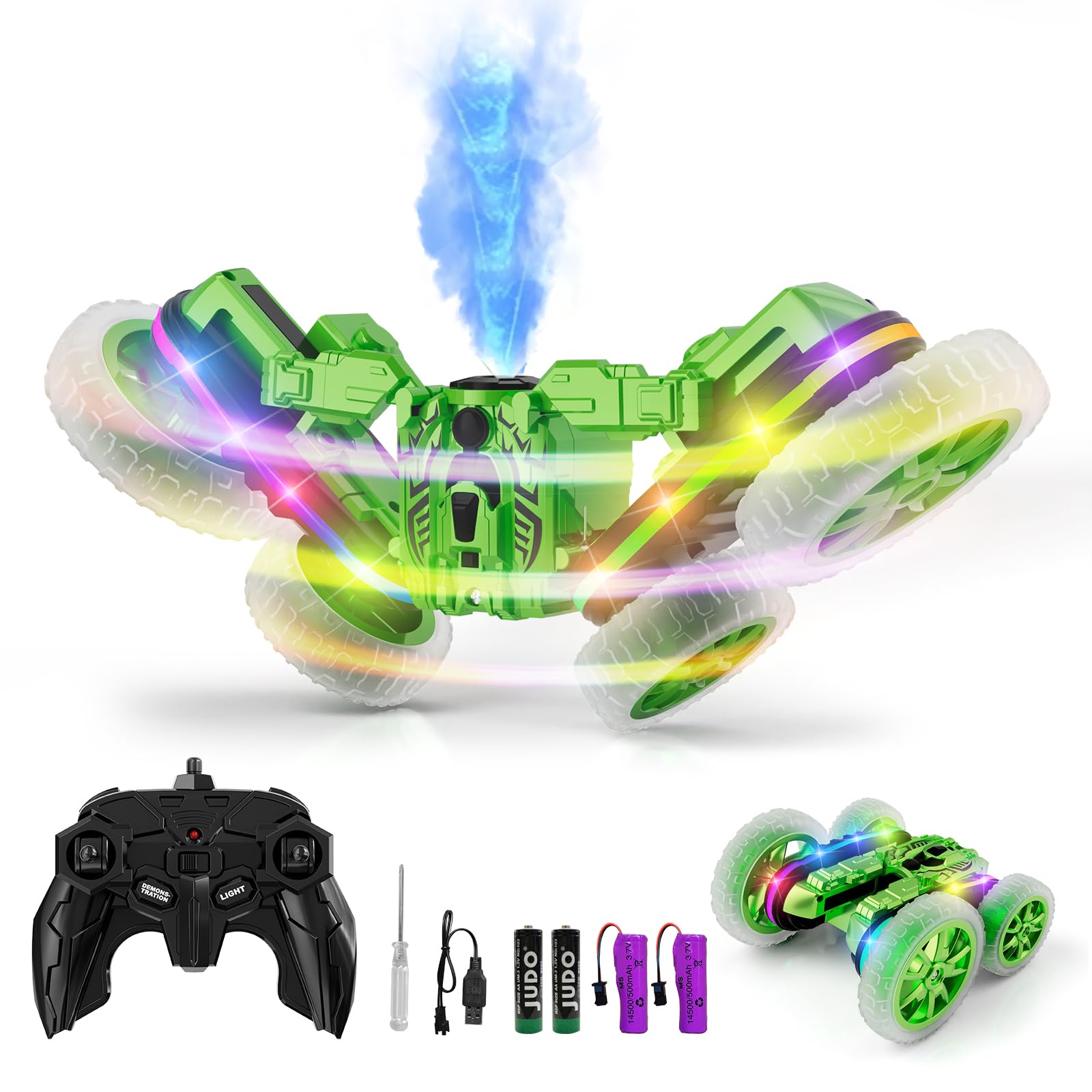 Terucle Remote Control Car 360°Rotating 4WD RC Cars with Cool Spray 2.4Ghz Double Sided RC Stunt Car with Cool Lights RC Drift Car for Kids Toys Best Gifts for Boys Girls Age 4-6 7 8-13 Year Old