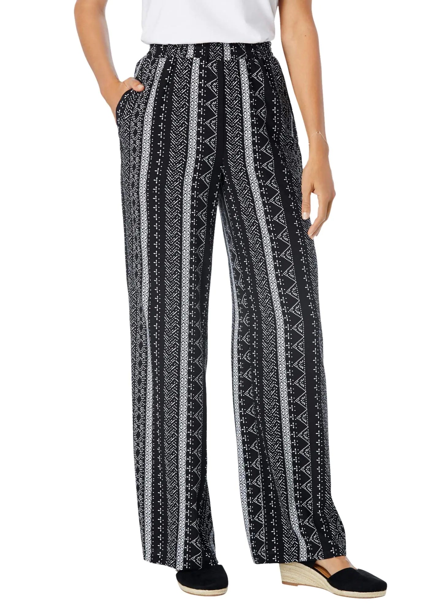 Woman Within Womens Plus Size Pull-On Elastic Waist Soft Pants - 18 W Black Batik Stripe