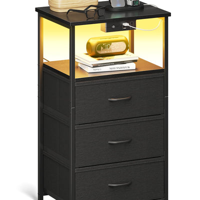 Casaottima Night Stand with Charging Station End Table for Bedroom Small Nightstand with Fabric Drawers Tall Nightstand for Bedroom Bedside Table Black
