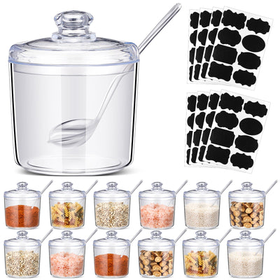 Tioncy 12 Pieces Acrylic Sugar Containers for Countertop Clear Sugar Holder Dispenser Salt Bowl with Lid and Spoon with Tag for Serving Condiment Candy Coffee Tea Spices Herbs(13.5 oz)