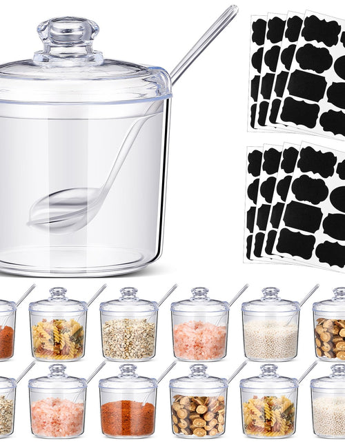 Load image into Gallery viewer, Tioncy 12 Pieces Acrylic Sugar Containers for Countertop Clear Sugar Holder Dispenser Salt Bowl with Lid and Spoon with Tag for Serving Condiment Candy Coffee Tea Spices Herbs(13.5 oz)
