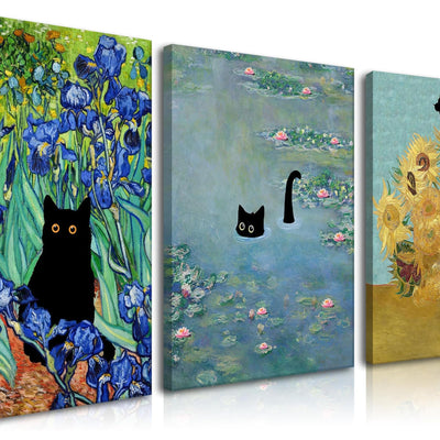Monet Wall Art Set of 3 - Funny Cat in Water Lilies Canvas Paintings Prints Van Gogh Sunflower Cat Aesthetic Pictures for Room Bedroom Living Room Bathroom 12x16 in Framed