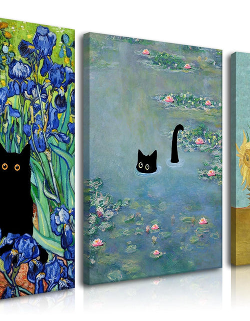 Charger l'image dans la visionneuse de galerie, Monet Wall Art Set of 3 - Funny Cat in Water Lilies Canvas Paintings Prints Van Gogh Sunflower Cat Aesthetic Pictures for Room Bedroom Living Room Bathroom 12x16 in Framed
