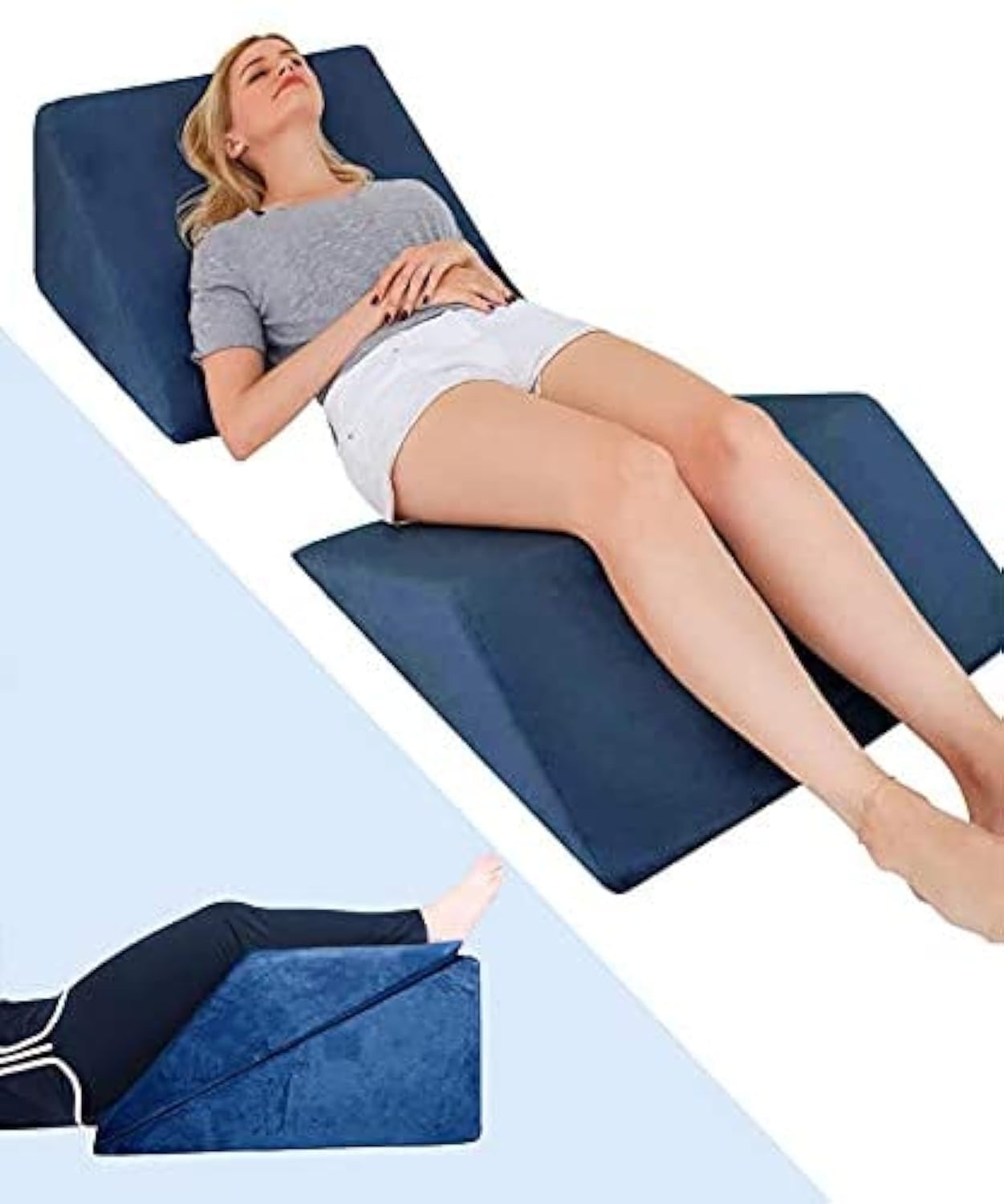 Lisenwood Foam Bed Wedge Pillow Set- Reading Pillow & Back Support Wedge Pillow for Sleeping- 2 Separated Sit Up Pillows for Bed- Angled Bed Pillow Triangle Pillow for Back and Legs Support Navy