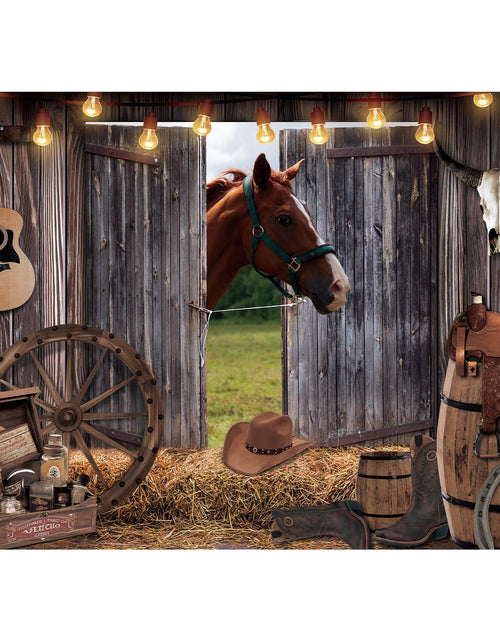 Charger l'image dans la visionneuse de galerie, OurWarm 7x5 FT Décor de toile de fond de cowboy occidental pour fête, décor de rodéo du Far West, fond de photographie de grange de maison rustique, fournitures de fête à thème pour bannière d'anniversaire d'enfants, accessoires de photomaton
