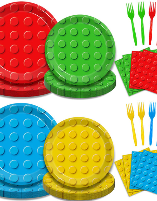 Load image into Gallery viewer, 96 Pcs Building Block Party Supplies Building Bricks Party Plates and Napkins Set Boys Girls Building Block Themed Party Dinnerware for Kids Baby Shower Birthday Party Decorations Serves 24

