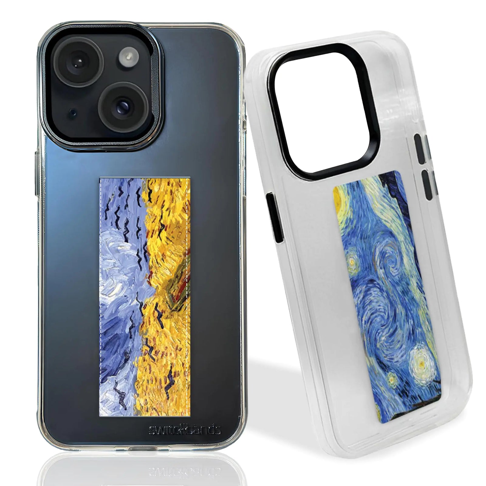 Fundas de iPhone con aro de dedo y correa para 15 Plus - Fundas de teléfono Loopy con agarres elásticos, funda de iPhone con carga inalámbrica y soporte - Agarres personalizables - Funda transparente de iPhone con Noche estrellada
