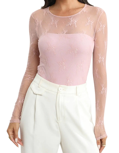 Load image into Gallery viewer, Ugerlov Mesh Bodysuit Long Sleeve Lace Tops See Through Shapewear Casual Layer Skinny Fit Body Suit Underwear Pink S
