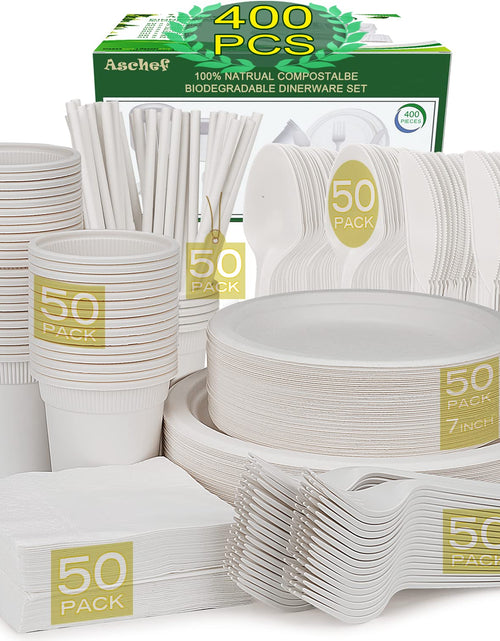 Load image into Gallery viewer, 400pcs Eco-Friendly Disposable Paper Plates Bulk and Cups Napkins Cutlery Sets Non-Plastic Biodegradable Compostable Dinnerware for Dessert Dinner Birthday Party (50 Guest)
