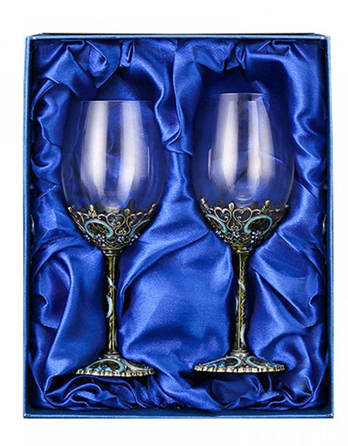 Load image into Gallery viewer, Wine Glasses Clear Handcrafted Champagne Glasses Red Wine Glasses Set of 2 Enamel Floral Goblets (Blue)
