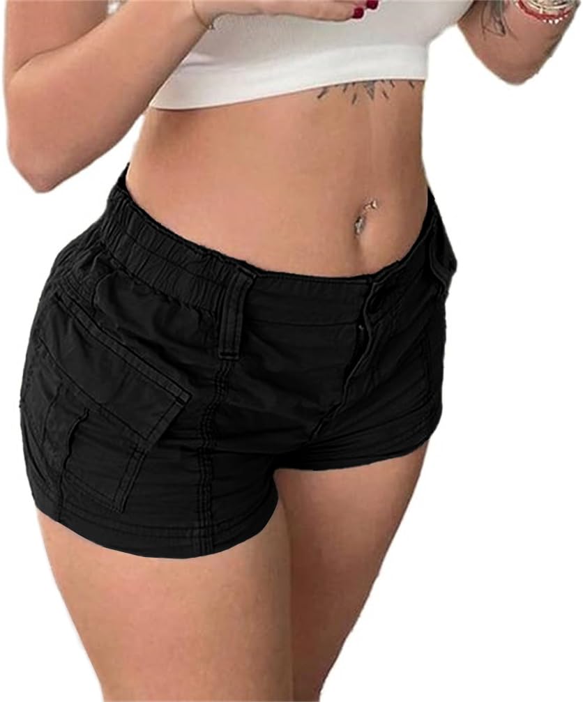 Womens Cargo Shorts Elastic Shorts Y2k E-Girl Slim Fit Cargo Shorts for Harajuku Streetwear(C-BlackS)