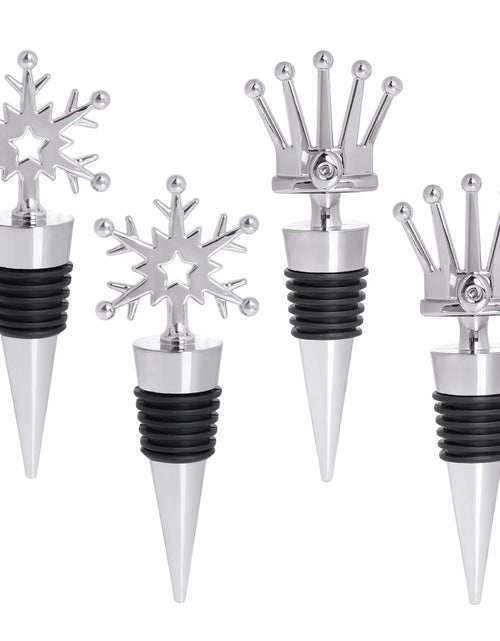 Load image into Gallery viewer, Sucrain 4 Pieces Snowflake Design Wine Bottle Stopper Crown Design Wine Bottle Stopper Alloy Keeping Wine Fresh Wine Stoppers for Christmas Decorative Party Supplies Favors(Crown + Snowflake)
