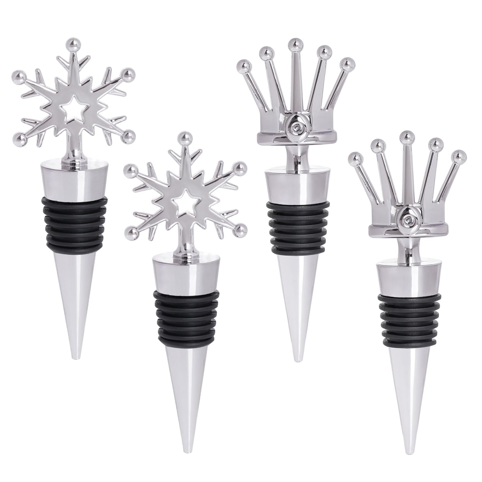 Sucrain 4 Pieces Snowflake Design Wine Bottle Stopper Crown Design Wine Bottle Stopper Alloy Keeping Wine Fresh Wine Stoppers for Christmas Decorative Party Supplies Favors(Crown + Snowflake)