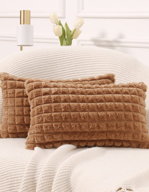 Load image into Gallery viewer, MANDIOO Set of 2 Super Soft Plush Faux Fur Lumbar Throw Pillow Covers 12x20 InchPlaid Texture Modern Luxury Decorative Pillow Case Cushion Cover for Home Decor Sofa Couch Bed FarmhouseBrown
