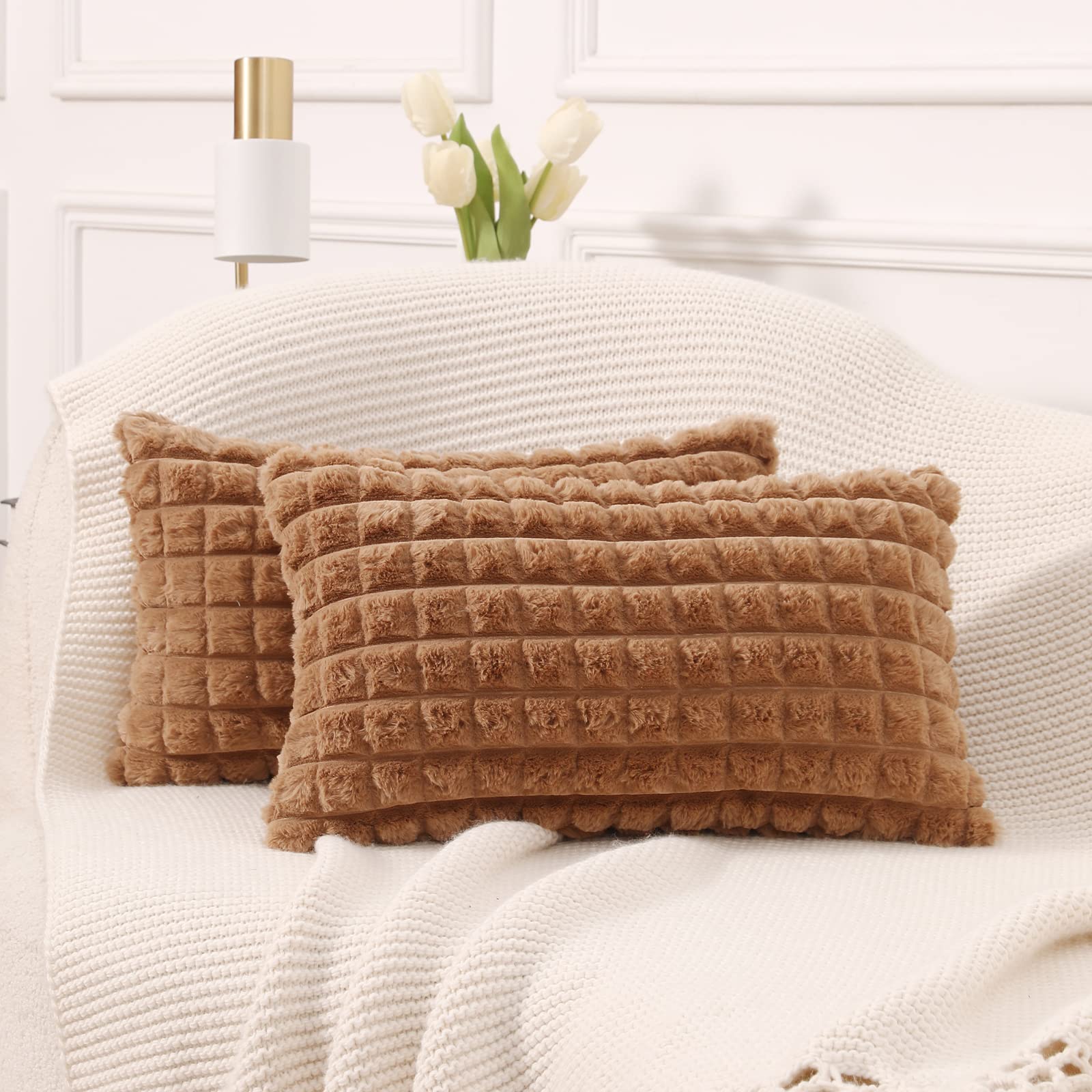 MANDIOO Set of 2 Super Soft Plush Faux Fur Lumbar Throw Pillow Covers 12x20 InchPlaid Texture Modern Luxury Decorative Pillow Case Cushion Cover for Home Decor Sofa Couch Bed FarmhouseBrown