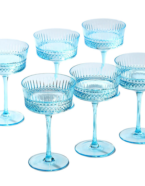 Load image into Gallery viewer, Blue Vintage Coupe Glass | Set of 6 | Large 9.3oz Stemmed Glassware Muted Vintage Glasses for Champagne Cocktail Margarita Wine Glass Gift Idea Pastel Unique Speakeasy Style Goblet
