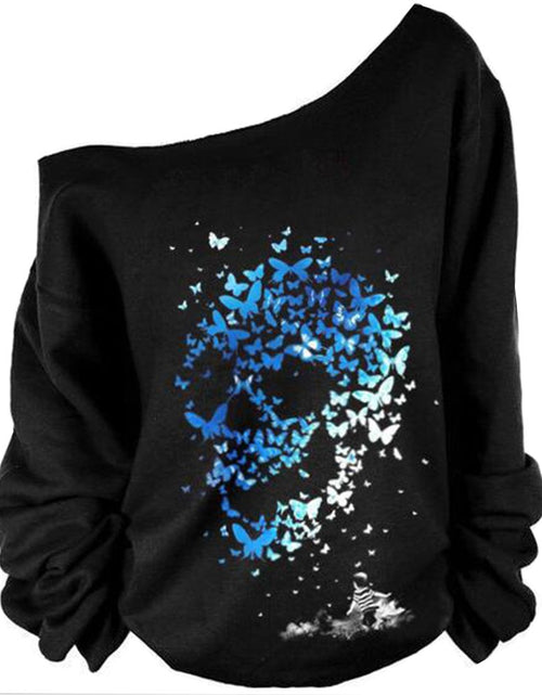 Load image into Gallery viewer, Roshop Womens Loose Baggy Off Shoulder Cute Holiday Long Sleeve Scary Skull Halloween Sweatshirt Tops BL XL Blue
