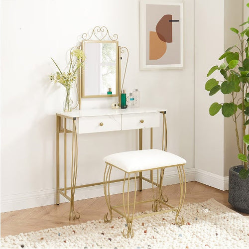 Charger l'image dans la visionneuse de galerie, Vanity Table Set With Mirror &amp; Stool,White Makeup Dressing Desk With Drawers For Girls,Women,Bedroom
