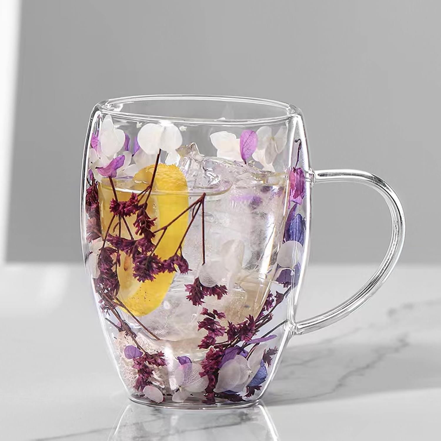 Tazas de café de doble pared de vidrio Tazas de espresso Morado Transparente Taza de café Taza de capuchino con asa Tazas de café de vidrio con relleno de flores únicas Para té Leche Latte Bebidas frías Calientes Vino Accesorios para espresso