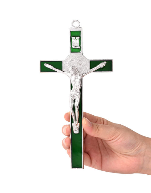 Cargar imagen en el visor de la galería, VINETEN Crucifix- Saint Benedict Crucifix Wall Cross Metal Wall Art-Cross Decoration for Bedroom Livingroom- 8 Inch Green

