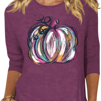 Woffccrd T-shirts décontractés d'Halloween à manches 3/4 et col rond pour femmes, hauts citrouille léopard pour l'automne et Thanksgiving (Violet)
