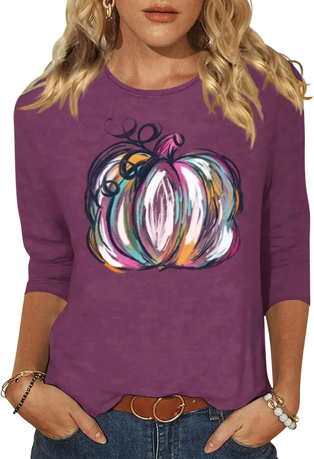 Woffccrd Camisetas casuales de manga 3/4 con cuello redondo para mujer, camisas de calabaza con estampado de leopardo, blusas de otoño para el Día de Acción de Gracias (MoradoL)