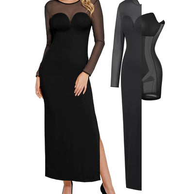 Popilush Vestido Largo de Fiesta de Manga Larga para Mujer de Malla Moldeadora, Vestido Ceñido Negro de Otoño Ajustado para Fiestas y Bodas