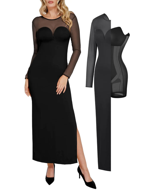 Charger l'image dans la visionneuse de galerie, Robe longue de bal Popilush à manches longues pour femmes, robe moulante en maille gainante noire, robes longues ajustées pour fête de mariage d'automne
