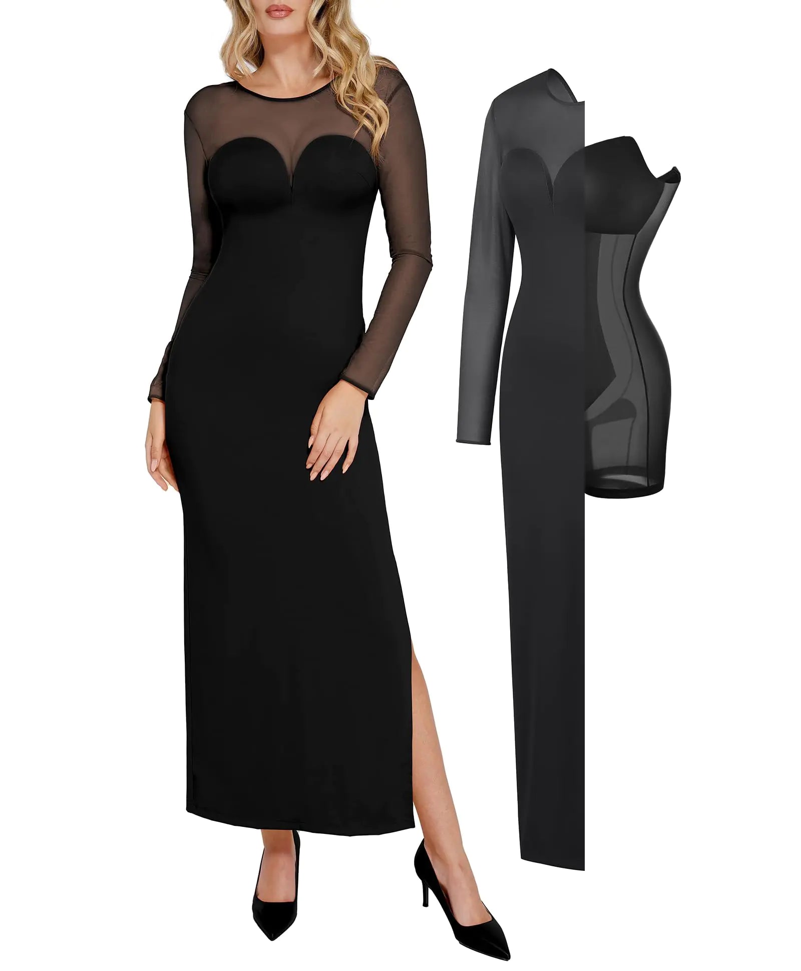 Robe longue de bal Popilush à manches longues pour femmes, robe moulante en maille gainante noire, robes longues ajustées pour fête de mariage d'automne