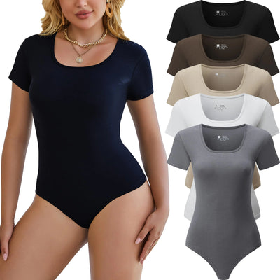 Chongbaijia 5 Pack Short Sleeve Bodysuits for Women Square Neck Casual Stretchy Basic Body Suits Tops T Shirts